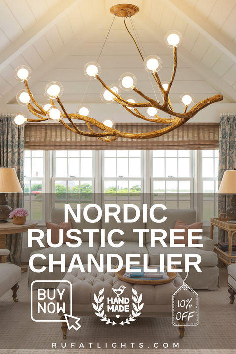 Nordic Rustic Tree Chandelier 🌳 Transform your home with a Cozy Nordic-style light fixture that will add a retro ambiance to any room. 💡Manually Crafted with quality materials Modern French Country Light Fixtures, Masculine Chandeliers, Vaulted Ceiling Living Room Lighting, Wireless Chandelier, Pistachio Bedroom, Great Room Lighting, Chandelier Upgrade, Multiple Pendant Lights, Farmhouse Lighting Ideas