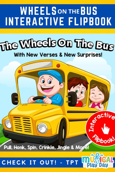 Spin the bus wheel. Move the wipers back and forth. Open and close the bus door. Jingle the money and crinkle the bags... There's so many things to do on the bus with this playful flipbook. Kids will find lots of delight and fun with this super-interactive flipbook, which brings new life, excitement, and lots of hands-on-fun to this classic children's song! #wheelsonthebus #thewheelsonthebus #musicalplayday #kidssongs #kidsprintables #kidsflipbook #toddlersongs #toddleractivity #nurseryrhyme The Wheels On The Bus Song, The Wheels On The Bus Activities, Wheel On The Bus, Wheels On The Bus Song, Kids Rhymes Songs, Bus Cartoon, The Wheels On The Bus, Bus Art, Songs For Toddlers