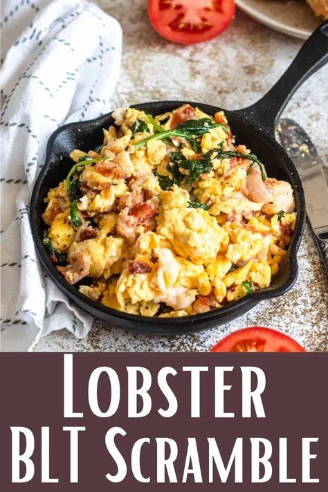 Make scrambled eggs memorable with these Vegetable & Lobster Eggs Scramble. It's decadent, flavorful, and absolutely delicious. This fancy breakfast is made of eggs scrambled with bacon, lettuce, spinach, cream cheese, and lobster - a hearty, filling seafood breakfast or brunch. Seafood Breakfast Ideas, Lobster Breakfast Recipes, Seafood Brunch Ideas, Lobster Breakfast, Lobster Omelette, Seafood Breakfast, Lobster Eggs, Spinach Cream Cheese, Eggs With Bacon