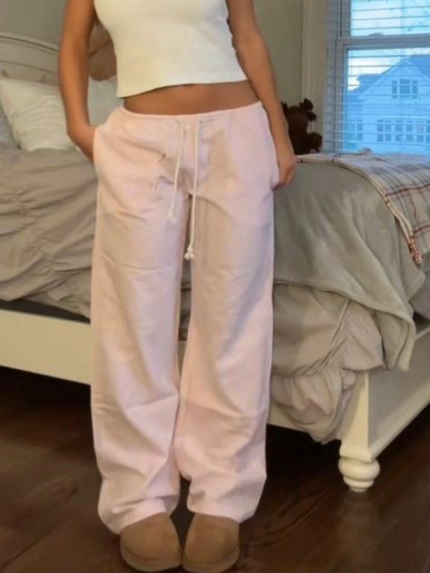 Color: Pink, Size: S Pink Low Rise Sweatpants, Pink Brandy Linen Pants, Light Pink Joggers Outfit, Pink Striped Pants, Pink Linen Pants Outfit, Mabel Outfits, Pink Sweatpants Outfit, Aesthetic Trousers, Loose Aesthetic