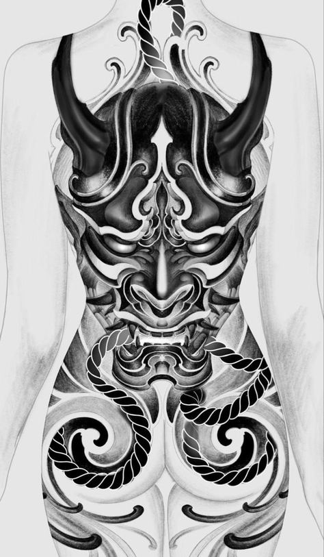 Henya Masks Tattoo, Hannya Back Tattoo, Japanese Traditional Back Tattoo, Japanese Style Back Tattoo, Yakuza Back Tattoo, Huge Back Tattoo, Tattoo Oni, Tattoo Japonais, Japanese Back Tattoo