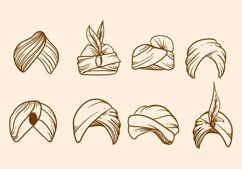 Set of Hand Drawn Turban. These Icons are best fit for vintage and classics design theme. GET IT FOR FREE :) Turban Drawing, Bandhani Illustration Sketch, Turban Character Design, Hat Sketches Design, Turban Designs, Turban Illustration, Vintage Turban Style, Vintage Turban, Musical Instruments Drawing