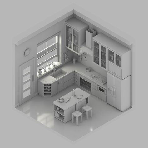 Kitchen Models Ideas Design, Isometric Kitchen, Small Kitchen Layout, 3d Kitchen Design, Kitchen Cabinet Layout, Kitchen 3d, Kitchen Layout Plans, Small Kitchen Layouts, Small Kitchen Decor