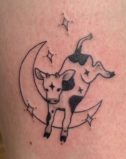 Cute Farm Animal Tattoos, Bull Cow Tattoo, Angel Cow Tattoo, Cowboy Cow Tattoo, Cow Over The Moon Tattoo, Small Cow Tattoo For Women, Cow Moon Tattoo, Cute Moose Tattoo, Heart Cow Tattoo