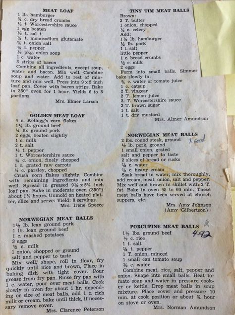 Old Recipes Vintage, Norwegian Meatballs, Recipes Hamburger, Recipes Ground Beef, Heirloom Recipes, Handwritten Recipes, Hamburger Recipes, Grandmas Recipes, Old Fashioned Recipes