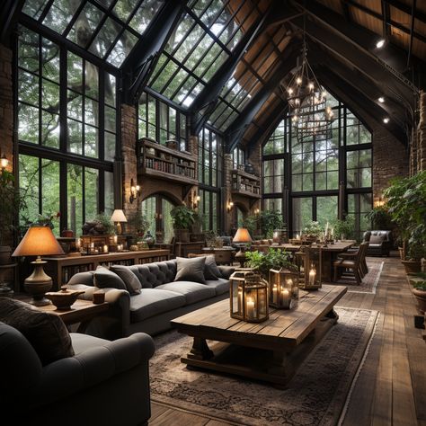 Dark Interior Barndominium, Dark Farmhouse Living Room Rustic, Dark Farmhouse Interior, Dark Rustic Home, Rustic Industrial House, Beautiful Home Designs, Dream House Rooms, Fantasy House, Forest House