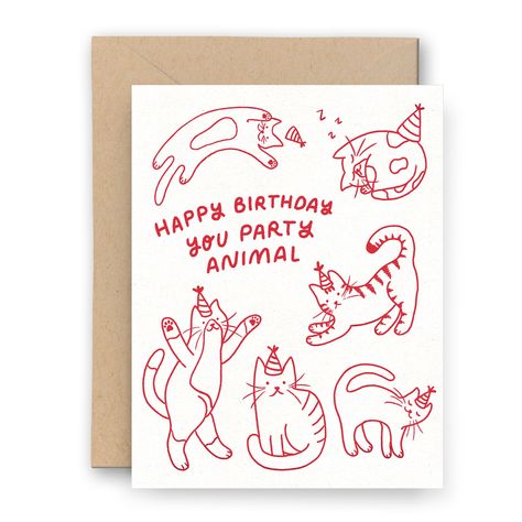 "We're so excited to introduce letterpress cards to our collection! These party cats are printed by hand on our antique press. Size | A2, 4.25 x 5.5\"  Interior | Blank Paper | 118 Lb Cotton Cover Envelope | Recycled Kraft Message | Happy Birthday You Party Animal All cards are wrapped in a certified compostable sleeve. Designed + Printed with love in our Los Angeles studio Follow us on Instagram and Facebook! @finchandflourish Wholesale pricing is available! Please reach out for more informatio Party Animal Birthday, Animal Birthday Card, Happy Birthday Cards Diy, Creative Birthday Cards, Watercolor Birthday Cards, Birthday Card Drawing, Homemade Birthday Cards, Birthday Cards For Boyfriend, Bday Cards