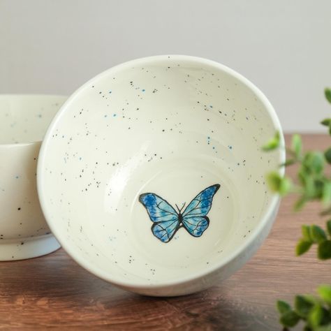 Beutiful handmade breakfast bowl. Hand-made ceramic. Blue butterfly Pottery Painting Elephant, Painting On Bowl, Butterfly Pottery Painting Ideas, Bowl Ideas Painting, Painting Pottery Ideas Bowls, Painting Ideas On Pottery, Color Me Mine Ideas Bowls, Painting Bowl Ideas, Hand Painted Bowl