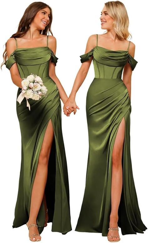 Green Long Dress Formal, Olive Green Prom Dresses, Satin Gown Bridesmaid, Olive Green Satin Dress, Olive Gown, Olive Green Prom Dress, Gown Bridesmaid Dresses, Olive Green Bridesmaid Dresses, Green Satin Dress