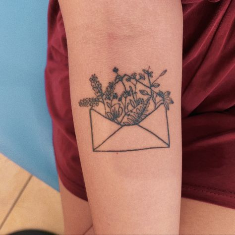 Envelope With Flowers Tattoo, Flowers In A Box Tattoo, Box Flower Tattoo, Flower Box Tattoo, Open Book Tattoo With Flowers, Flowers Coming Out Of Book Tattoo, Book With Flowers Coming Out Tattoo, Mail Tattoo, Envelope With Flowers