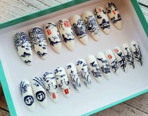 Porcelain Nails, Nails Chinese, China Nails, Squoval Nails, Anime Nails, Nails Press, Acrylic Press On Nails, Nails Fake, Nail Sizes