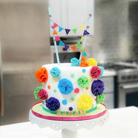 Bright Pom poms birthday cake with banner Pom Pom Birthday Cake, Pom Pom Cake, Green Birthday Cakes, 2023 Birthday, Sesame Street Birthday Party, Sesame Street Birthday, Fourth Birthday, 11th Birthday, First Birthday Cakes