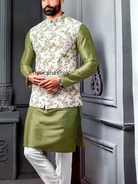 Party Wear Kurta Pajama For Mens, Green Kurta Pajama Men, Kurta Pajama Men Wedding Indian Party Wear, White Kurta Pajama Men With Jacket, Kurta Pajama Jacket Men, Stylish Kurta Pajama For Men, Green Kurta Men, Kurta Pajama With Nehru Jacket, Waist Coat Men