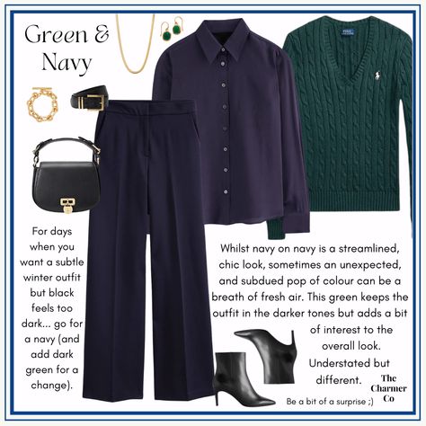 Green Outfit Wide Leg, Navy Wide Leg Trousers, Shop The Outfit, Jumper Shirt, The Outfit, Winter Outfit, Silk Shirt, Bracelet Necklace, Wide Leg Trousers