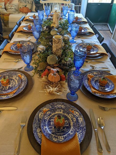 Thanksgiving Table Settings Blue And Orange, Blue Fall Dining Table Decor, Blue Willow Thanksgiving Tablescapes, Blue Orange Thanksgiving Table, Thanksgiving Table Settings Blue And White, Blue Willow Fall Tablescapes, Thanksgiving Blue Table Settings, Blue Willow Thanksgiving Table, Chinoiserie Thanksgiving Table