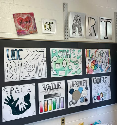 Elements Of Art Classroom Display, Art Room Bulletin Board Ideas Display, Art Classroom Displays Secondary, Art Classroom Essentials, Art Room Elementary School, Art Room Ideas Classroom High School, Art Classroom Display Ideas, Art Class Set Up, First Week Of Art Class Elementary