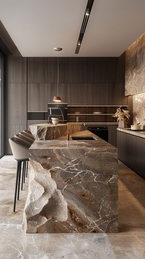 Full Marble Kitchen, Stone Interior Design Modern, Premium Kitchen Design, Dramatic Kitchen Island, Marble Kitchen Island Ideas, Sculptural Kitchen Island, Iceland Kitchen Design, Rock Kitchen Island, Luxury Kitchen With Island