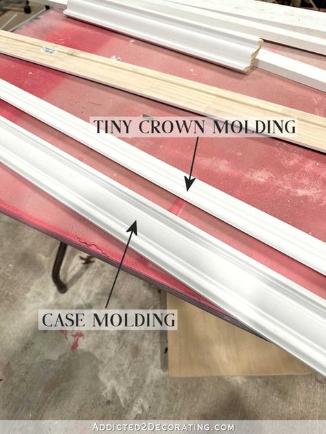 Studio Office Cabinet Progress - How To Make Faux Crown Molding That's Very Easy To Cut And Install - Addicted 2 Decorating® Faux Crown Molding, Large Crown Molding, Faux Crown Moldings, Cut Crown Molding, Ikea Sektion Cabinets, Condo Makeover, Trim Carpentry, Large Crown, Angled Ceiling