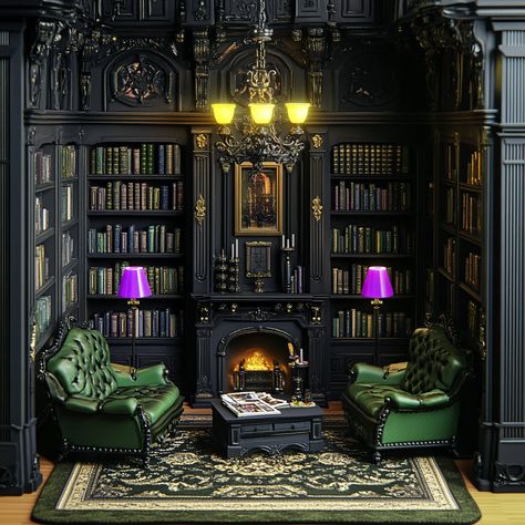 gothic black and green themed Victorian library, violet lamps and lights, high detail Black And Green Library, Gothic Reading Nook, Neo Gothic Interior Design, Victorian Sitting Room, Dark Library, Gothic Interior Design, Gothic Library, Victorian Library, Green Library