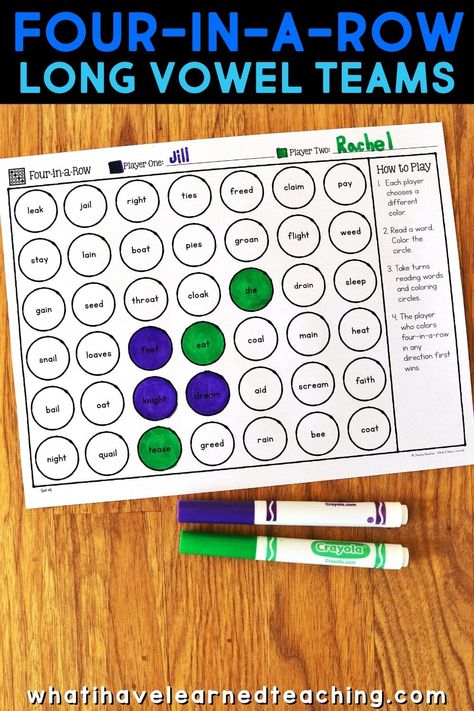 Phonics Partner Games are fun way to help your students practice reading specific phonics patterns. Games are played with a partner and engage students in both word reading and sentence reading. This set of phonics games is for long vowel teams and includes EE, EA, AI, AY, OA, OE, IGH, IE and a mix of all those vowel patterns. Teachers love using these games in a literacy center and children love playing with their friends! Long Vowel Games First Grade, Long I Vowel Activities, Long Vowels Activities Second Grade, Vowel Teams Games, Vowel Diagraph Activities, Vowel Team Games Free, Two Vowels Go Walking Activities, Oa Vowel Team, Vowel Team Games