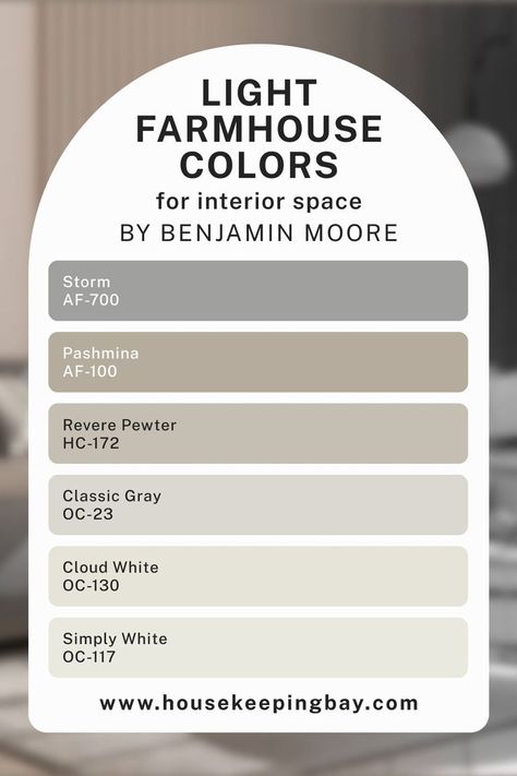 Light Benjamin Moore Farmhouse Colors For Interior Space Featherstone Benjamin Moore, Bm Color Palettes, Simply White Color Combinations, Classic Gray And Revere Pewter, Classic Gray Benjamin Moore Color Scheme, Benjamin Moore Skipping Stone, Shade Lighter Than Revere Pewter, Pashmina Color Palette, Pashmina Vs Revere Pewter