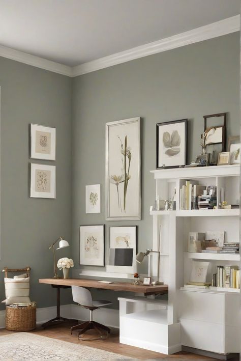 interior design,home decor,wall paint,home office Office With Colored Wall, Green Walls Study, Grey Walls Office Ideas, Light Office Paint Colors, Green Home Office Walls, Green Walls Home Office, Grey And Green Office Ideas, Small Office Paint Colors Business, Farrow And Ball Office Colours