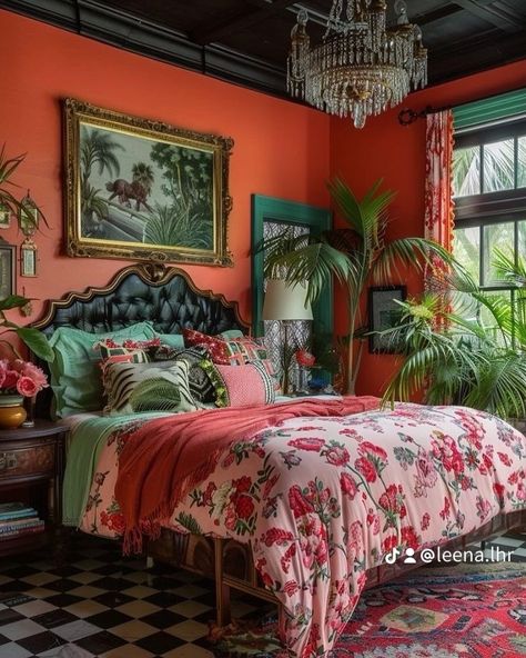 Black And Colorful Bedroom, Bright Victorian Bedroom, Bright Floral Bedroom, Maximalist Decor Small Spaces Bedroom, 70s Maximalist Decor, Dark Maximalist Bedroom, Maximalist Decor Bedroom, Colorful Maximalist Bedroom, Jungalow Decor