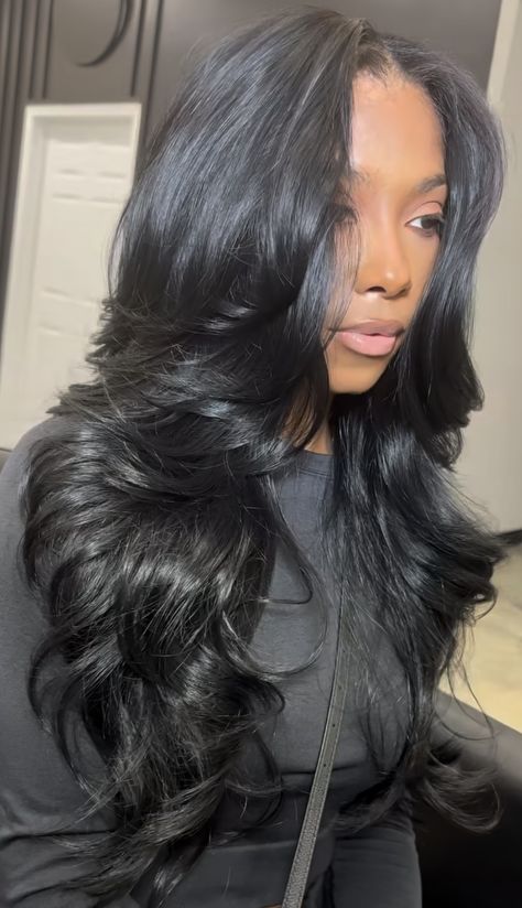 Middle Part Closure With Layers, Middle Part Hairstyles Layers, Bust Down Middle Part Straight, Layered Black Wig, Long Layers On Black Women Hair, Loose Wave Curls Black Women, Hair Flips Out On Ends, Body Wave Layered Hair, Middle Part Hairstyles With Layers