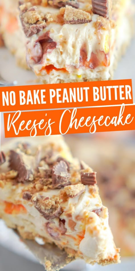 No Bake Peanut Butter Reese's Cheesecake! If you are obsessed with everything Reese's like I am, this Reese's Cheesecake Peanut Butter No Bake Pie is sure to hit the spot! Perfect for Summer, Fall, Halloween, or Thanksgiving! An easy No Bake Dessert Recipe! #lemonpeony #peanutbutter #reeses #cheesecake #nobake #desserts Reeses Cheesecake Tacos, Reese Puffs Recipes, Peanut Butter No Bake Pie, Cheesecake Easy No Bake, Reese's Cheesecake, Reeses Desserts, No Bake Peanut Butter Cheesecake, Cheesecake Peanut Butter, Reese's Peanut Butter Cheesecake