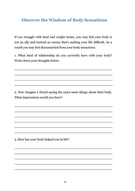 Emotional Eating Worksheets - Therapy Worksheets WHAT IS INCLUDED? Are You an Emotional Overeater? Exploring Emotional Eating Origins Consequences of Emotional Eating Stop Destructive Eating Behaviors Examining Your Emotional Eating Feel Your Emotions Discover the Wisdom of Body Sensations Create Healthier Beliefs Satisfy Your Soul’s Needs Learn the Joy of Eating Well Rediscovering the Joy of Movement Detox Your Body Eating Therapy, Future Psychologist, Body Sensations, Feel Your Emotions, Comfort Eating, Mental Health First Aid, Therapy Practice, Feeling Disconnected, Print Outs