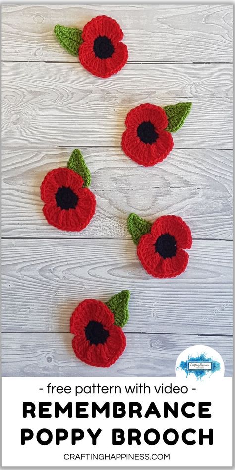 Crochet Poppy Brooch free pattern by Crafting Happiness. Make this quick & easy poppy brooch for Remembrance Day, video tutorial included How To Crochet Poppy Flowers, Poppy Patterns Free, Poppy Flower Crochet Pattern, Free Poppy Crochet Pattern, Crochet Remembrance Poppy, Remembrance Crafts Ideas, Free Crochet Poppy Pattern, Easy Crochet Poppy Free Pattern, Remembrance Poppy Crochet Pattern Free