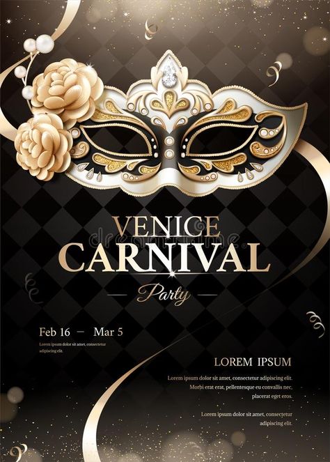 Venice carnival party poster. With sumptuous mask on black bokeh background in 3 , #AFFILIATE, #poster, #sumptuous, #party, #Venice, #carnival #ad Carnival Poster, Ideas Sketch, Black And Gold Theme, Venice Mask, Carnival Posters, Feather Vector, Venetian Carnival, Carnival Of Venice, Mask Ideas