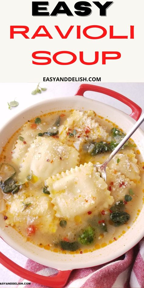 Ravioli In Chicken Broth, Ravioli Chicken Soup, Ravioli Recipe Soup, Crock Pot Ravioli Soup, Chicken Ravioli Soup Recipe, Ravioli Soup Vegetarian, Cheese Ravioli Soup Recipe, Ravioli Soup Crockpot, Crockpot Ravioli Soup