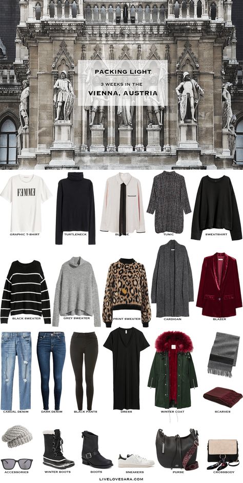 What to Pack for the Vienna, Austria Packing Light List #packinglist #packinglight #travellight #travel #capsule #capsulewardrobe #livelovesara Winter Travel Packing, Winter Packing List, Travel Packing List, Packing For Europe, Winter Travel Outfit, Red Fur, Travel Capsule, Winter Packing, Travel Capsule Wardrobe