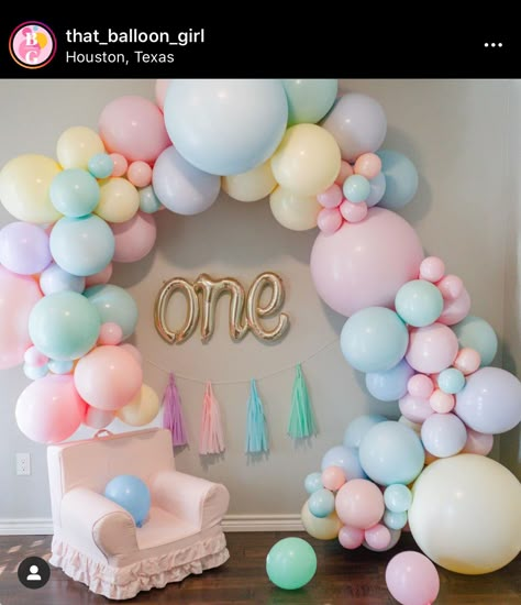 Pastel Rainbow Birthday Decorations, Pastel Birthday Balloons, First Birthday Girl Balloons, Pastel First Birthday Party Decor, Pastel 1st Birthday Party, Pastel First Birthday Cake, First Birthday Balloon Decorations, Pastel 1st Birthday Girl, Pastel Decorations Party