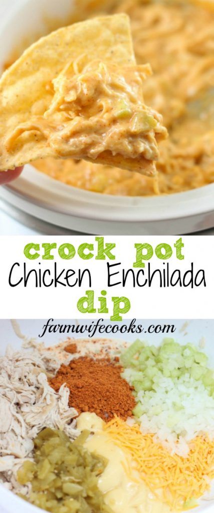 This Crock Pot Chicken Enchilada Dip is the perfect, easy dip recipe for a party appetizer or to snack on during the game. #crockpot #dip Chip Dips Crockpot, Healthy Crockpot Dips For Parties, Mexican Chicken Dip Crockpot, Crockpot Chicken Enchilada Dip, Chicken Dips Recipes Crockpot, Crockpot Dips Vegetarian, Instapot Dip Recipes, Potluck Dips Crockpot, Healthy Crockpot Appetizers