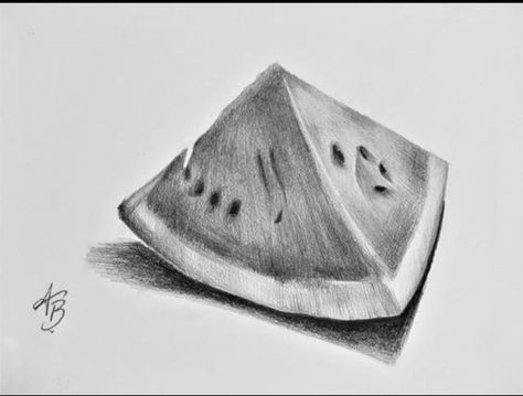 Object Drawing Pencil, Watermelon Sketch, Still Life Pencil Shading, Watermelon Drawing, Easy Pencil Drawing, Fruit Sketch, Fruit Art Drawings, Pencil Sketches Easy