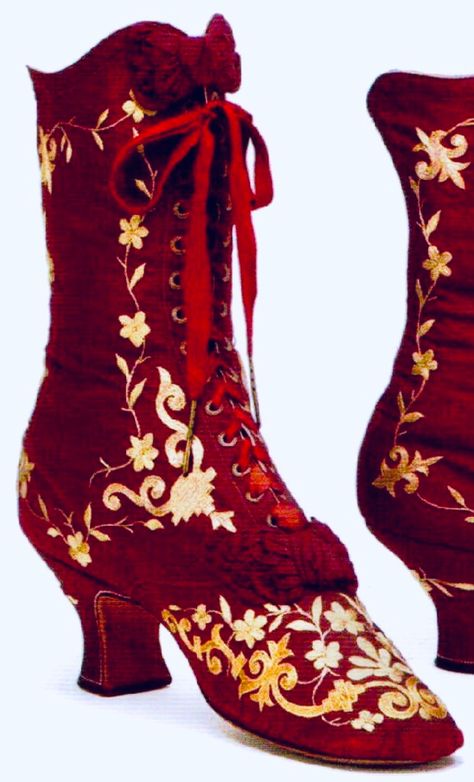 Red silk velvet boots shoes heels white embroidery Victorian Civil Ear era 1860s 1870s 1860 1870 for opera theatre historical clothing antique women woman lady ladies 1870s Shoes, Embroidery Victorian, Juliet Costume, Lucy Westenra, Edwardian Shoes, Opera Theatre, Medieval Shoes, Fashion Evolution, Tuck Everlasting