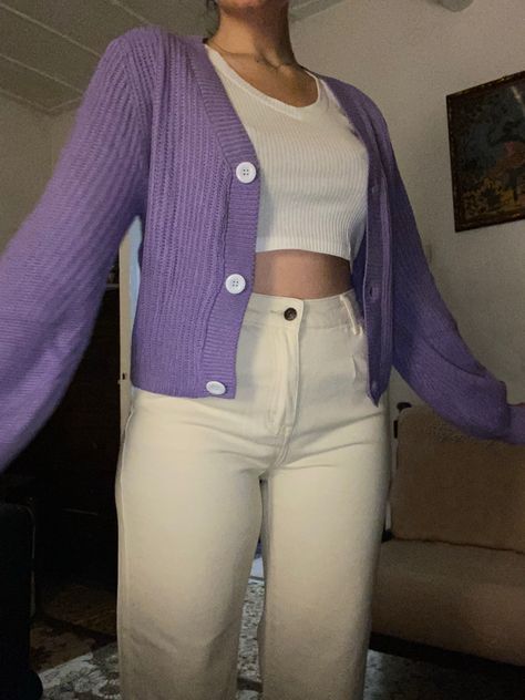 Purple With Beige Outfit, Beige Purple Outfit, How To Style Purple Cardigan, Purple And White Outfit Aesthetic, Cardigan Outfit Purple, Pastel Purple Aesthetic Outfit, Purple Sweater Outfit Aesthetic, Beige Purple Aesthetic, Purple Core Outfit