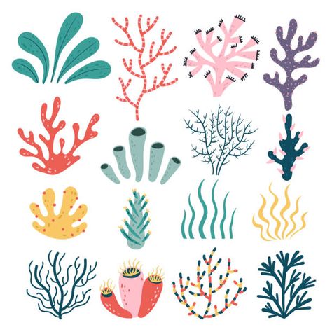 Doodle Flowers And Leaves Collection 546878 Vector Art at Vecteezy Seaside Doodles, Under Sea Plants, Sea Embroidery Ideas, Beachy Doodles, Coral Doodle, Seaside Flowers, Sea Doodles, Coral Illustration, Sea Life Illustration