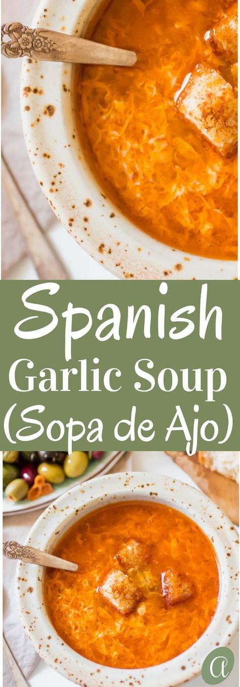 Healthy Spanish garlic soup, Sopa de Ajo. A humble recipe using 7 simple ingredients, ready in 15 minutes. The most nourishing bowl of healthy, delicious restorative soup. via @abrapappa Garlic Soup, Soups Stews Chilis, Easy Soup Recipes, Healthy Soup Recipes, Mediterranean Diet Recipes, Healthy Soup, Delicious Soup, Stew Recipes, Healthy Dinner Recipes