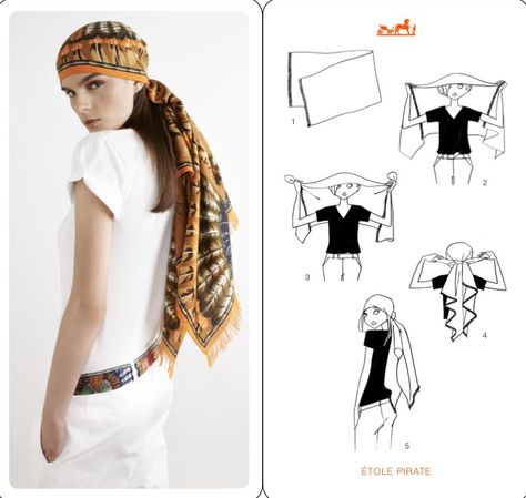 How to tie a scarf the Hermes way - Etole Pirate Scarf Knots, Head Wrap Styles, Hair Wrap Scarf, Mode Turban, Hair Scarf Styles, Head Scarf Styles, Ways To Wear A Scarf, How To Wear A Scarf, Stylish Scarves