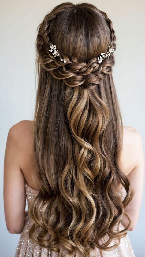 Hairstyles For Debutant, Half Up Half Down Evening Hair, Unique Hoco Hairstyles, Long Wavy Hair Styles For Wedding, Rustic Wedding Hairstyles For Long Hair, Wedding Hairstyles For Dark Hair, Prom Hair Styles Updos, Hair Styles For A Dance, Half Updo Braid