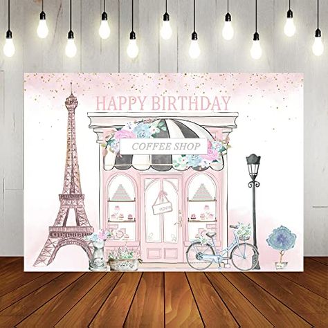 Paris Theme Backdrop, Tea Party Background, Minecraft Backdrop, Coffee Shop Paris, Pink Coffee Shop, Paris Backdrop, Paris Theme Party Decorations, 16 Backdrop, Bolo Paris