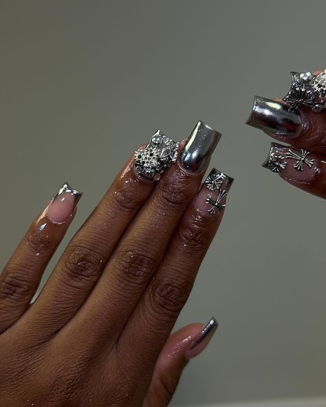 Chrome 🩶🪩⛓️ #nailtech #nails #nailsofinstagram #nailart #acrylicnails #pinknails #whitenails #gelnails #naildesigns #jacksonmsnailtech #winternails #freestylenails #longnails #chromenails #gelpolish #pastelnails #glitternails #rainbownails #whitenails #nailstyle #longnails #squarenails #coffinnails #manicure #atlantanailtech #instanails #ombrenails #springnails #atlnailtech #explorepage Cute Bday Nails Short, Black And Silver Chrome Nails Designs, Baby Blue And Black Nails, Silver Nails With Rhinestones, Silver And Black Nail Designs, Birthday Nails Chrome, Crome Nails Designs Square, Crome Nails Designs Short, Black And Grey Nails Designs