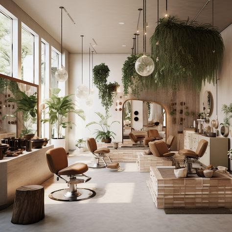 Holistic Salon Decor, Outdoor Hair Salon, Hair Salon With Plants, Organic Salon Decor, Rustic Beauty Salon, Moody Salon, Earthy Salon Decor, Hair Salon Decor Ideas, Modern Hair Salon Interior Design