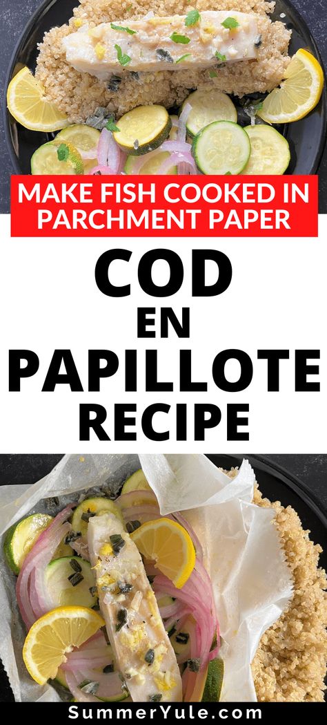 What is cod en papillote? "En papillote" means we are cooking something with moist heat in the oven by wrapping it in parchment paper packets or foil. This cooking method is the secret of cooking fish so it is moist, tender, and tasty instead of dry. Trust me, you need this delicious recipe for cod in parchment with vegetables and a lemon-butter sauce in your life! #keto #lowcarb #lowcalorie #glutenfree #dinner #under30minutes Cod In Parchment Paper Recipe, Cod In Parchment, Cod Recipes Oven, Baked Cod Fillets, How To Cook Cod, Parchment Paper Recipes, Papillote Recipes, Oven Baked Cod, Fat Free Recipes