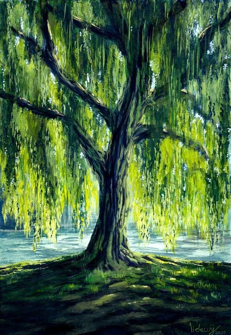 Willow Tree Painting, Spring Tree Art, Whimsical Tree, Spring Tree, Willow Tree, Beginner Painting, Tree Art, Tree Painting, Oil Pastel