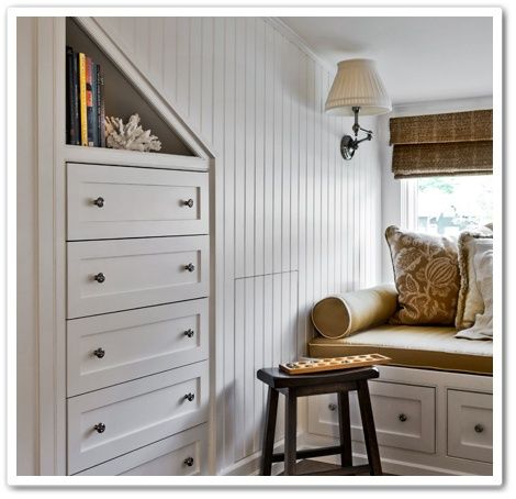 Add bead board to any room in the house to create a charming cottage look. Beadboard Attic, Beadboard Bedroom Walls, Bungalow Bedroom Upstairs, Stair Cabinets, Beadboard Bedroom, Attic Study, Beadboard Ideas, Wainscoting Wall Paneling, Beadboard Kitchen