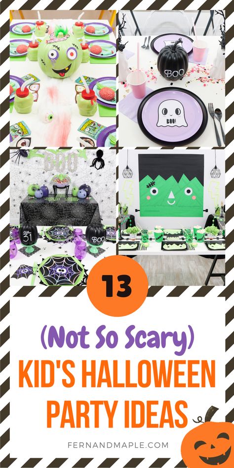 These 13 Not So Scary DIY Halloween Party Ideas for Kids are cute and fun for all ages! From Friendly Frankenstein to Happy Little Ghost - get all of the Kid's Halloween Party inspiration now at fernandmaple.com. Kids Halloween Themed Birthday Party, Spooky Kids Birthday Party, Kids Halloween Party Themes, Halloween Party Themes For Kids, Spooky Birthday Party For Kids, Halloween Party For Toddlers, Halloween Kids Party Ideas, Halloween Bbq, Toddler Halloween Party